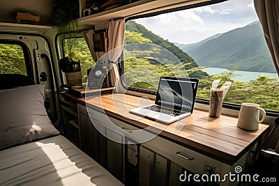 An AI illustration of a laptop and coffee in the back of an open van Cartoon Illustration