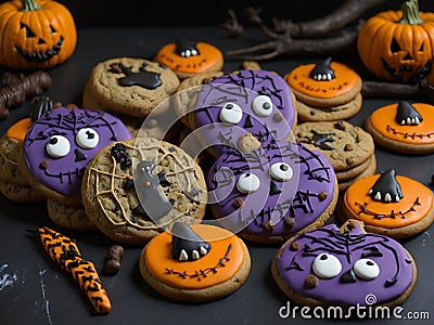 An AI illustration of many different decorated cookies are on the table with pumpkins and bats Cartoon Illustration