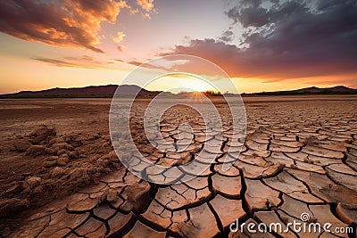 AI illustration of a barren desert landscape under a sunset sky Cartoon Illustration