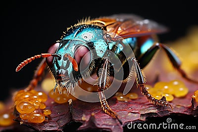 An AI illustration of a blue and green insect with lots of orange beads on it Cartoon Illustration