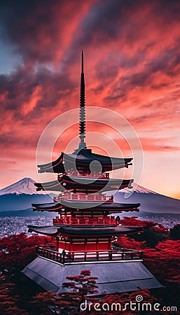 An AI illustration of An AI illustration of a pagoda in front of a sunset with red leaves and mounta Cartoon Illustration