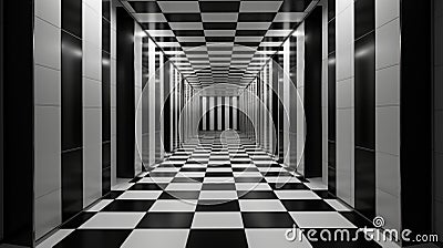 AI illustration of a checkered hallway with black and white tiles Cartoon Illustration