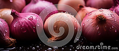AI illustration of a closeup of a pile of pink onions with water droplets on them. Cartoon Illustration