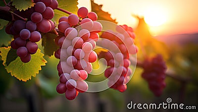 AI illustration of a cluster of ripe grapes hang from a thick vine. Cartoon Illustration