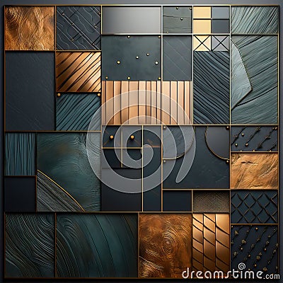 AI illustration of a collage of leather tiles with diverse textures and gold accents. Cartoon Illustration