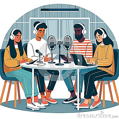 AI illustration of colleagues conversing in an open office space listening attentively Cartoon Illustration