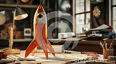 AI illustration of a 3D Model Rocketship in a Creative studio. Cartoon Illustration