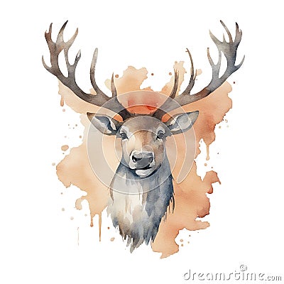 AI illustration of a deer painted in a watercolor style, set against a white background. Cartoon Illustration