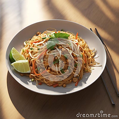 An AI illustration of a plate of noodles with some vegetables on it and chopsticks Cartoon Illustration