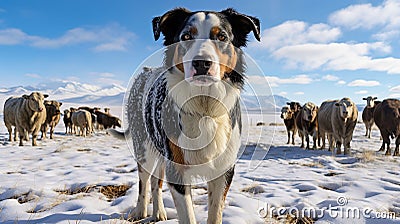 AI illustration of a faithful Blue Heeler companion amidst a herd of cattle in a wintry landscape Cartoon Illustration