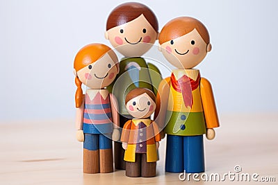 AI illustration of a family of wooden figurines on a wooden table Cartoon Illustration