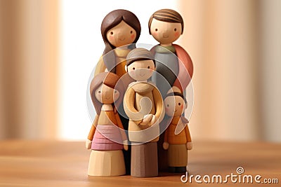 AI illustration of a family of wooden figurines on a wooden table Cartoon Illustration