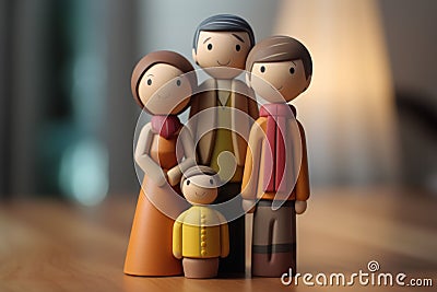 AI illustration of a family of wooden figurines on a wooden table Cartoon Illustration