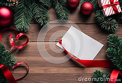 AI illustration of festive Christmas treen decorations and a paper with copyspace Cartoon Illustration
