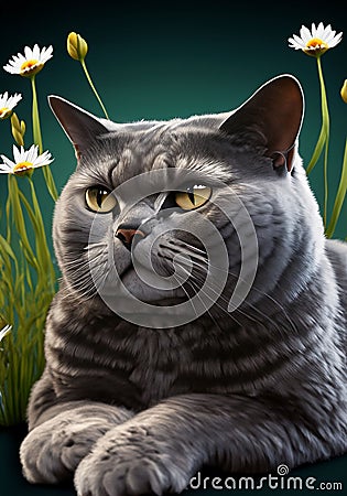AI illustration of a fluffy cat sitting on a grassy green Cartoon Illustration
