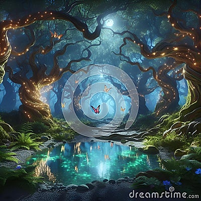 AI illustration of a forest pathway at night with enchanting fairy trees and twinkling lights Cartoon Illustration