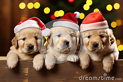 An AI illustration of four puppies wearing hats on top of a table in front of a christmas tree Cartoon Illustration