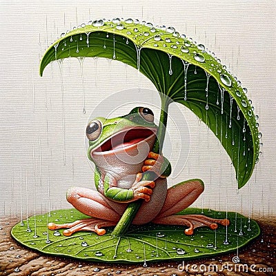 An AI illustration of this is a frog under a umbrella on top of a leaf Cartoon Illustration