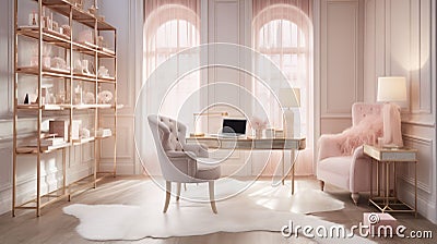 An AI illustration of a living room with a desk and chairs and a laptop Cartoon Illustration