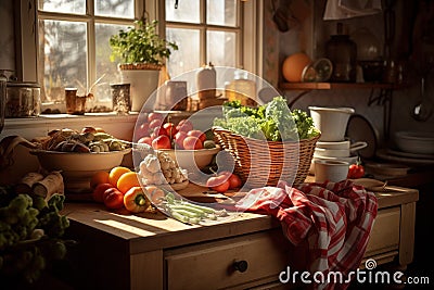 An AI illustration of many different types of food displayed in a kitchen window sill Cartoon Illustration