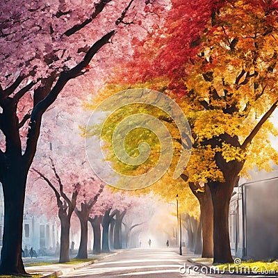 An AI illustration of a painting of a street lined with trees in autumn season Cartoon Illustration