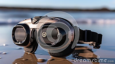 AI illustration of goggles are on the beach water reflection, near a lake. Cartoon Illustration