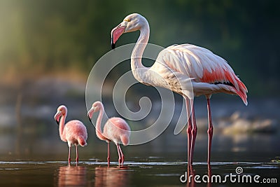 AI illustration of A group of elegant flamingos gracefully standing in a shallow body of water. Cartoon Illustration