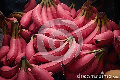 AI illustration of a group of ripe pink bananas. Cartoon Illustration