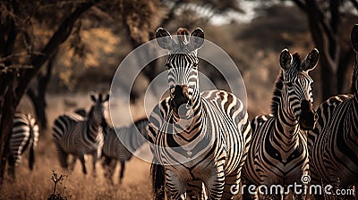 AI illustration of A herd of zebras congregating together in a scenic African wilderness setting Cartoon Illustration