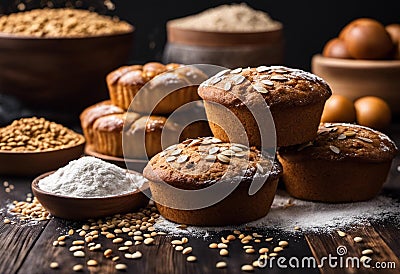 AI illustration of homemade muffins topped with seeds Cartoon Illustration