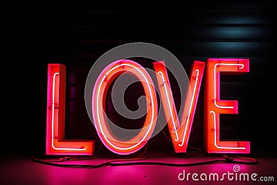 AI illustration of illuminated 'Love' lettering in bright pink lighting at night. Cartoon Illustration