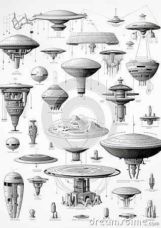 An AI illustration of various types of aliens with flying saucers and alien spaceships Cartoon Illustration