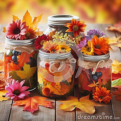 An AI illustration of jars are adorned with dried leaves and flowers to give a gift to someone Cartoon Illustration