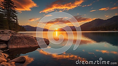AI illustration of a magnificent sunset over a tranquil body of water. Cartoon Illustration