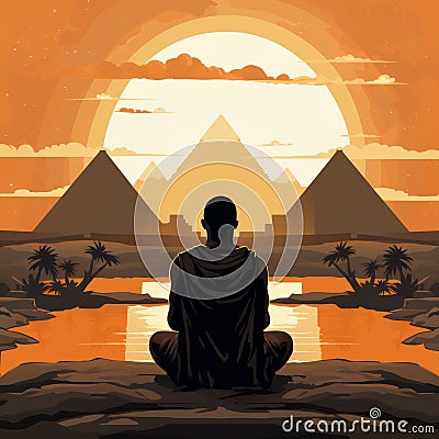 AI illustration of a male silhouette in a meditative pose in Egypt Cartoon Illustration