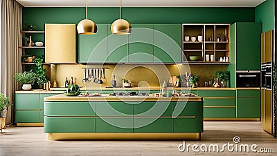 AI illustration of A modern kitchen with a stylish and eye-catching green and gold color. Cartoon Illustration