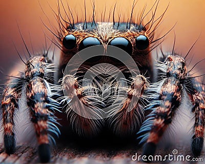 An AI illustration of an orange jumping spider on a brown surface with long legs Cartoon Illustration