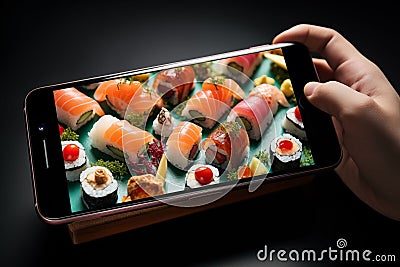 An AI illustration of a person holding up an iphone in front of a tray with sushi Cartoon Illustration