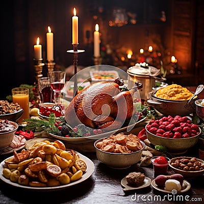 An AI illustration of this is a picture of a holiday table full of food Cartoon Illustration