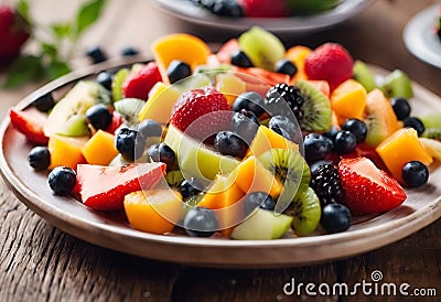 AI illustration of A plate of fresh, vibrant fruit salad with a variety of berries. Cartoon Illustration