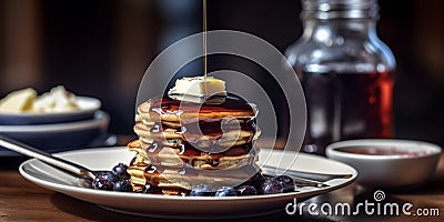 An AI illustration of pancakes with syrup and fruit sit on a plate with sauce Cartoon Illustration