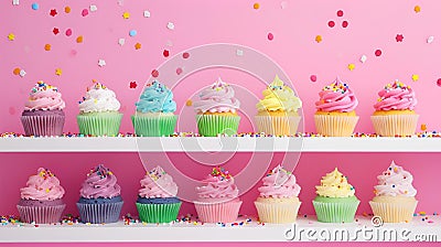 AI illustration of a selection of colorful cupcakes on a shelf. Cartoon Illustration