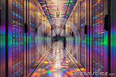 AI illustration of A spacious server room with an array of data center servers. Cartoon Illustration