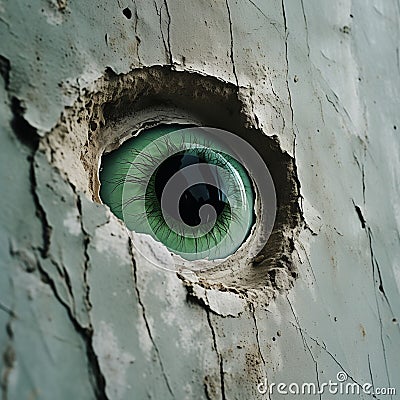 AI illustration of a spooky green eye peeking through a crack in an aged concrete building Cartoon Illustration