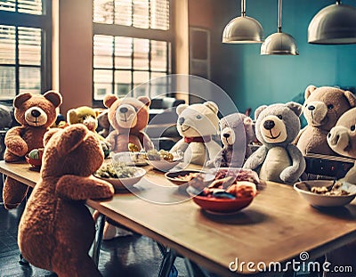 AI illustration of teddy bears gathered around a table enjoying a meal, with bowls of food Cartoon Illustration