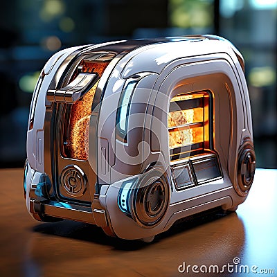 An AI illustration of a toy toaster sits on the wooden table in front of a dark room Cartoon Illustration