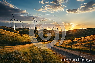 An AI illustration of a dirt road winding through a green field with windmills Cartoon Illustration
