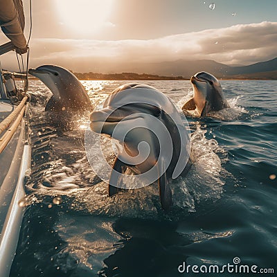 An AI illustration of two dolphins swimming in the water next to a boat in a harbor Cartoon Illustration