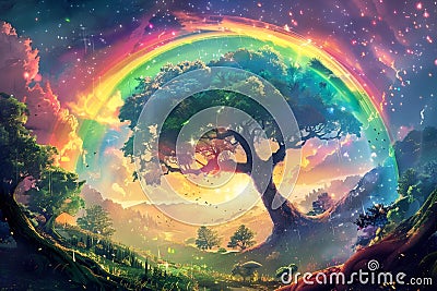 AI illustration of a vibrant rainbow-colored tree in the center of a verdant valley Cartoon Illustration