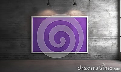 AI illustration of A vivid, abstract purple painting graces an industrial cement wall. Cartoon Illustration